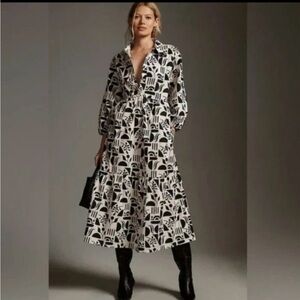 Anthropologie Maeve Bettina Tiered Midi Black and Ivory Dress Size M EUC
